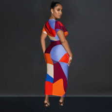 Fashion V Neck Print Split Pleated Maxi Dress BY-6660