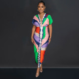 Fashion V Neck Print Split Pleated Maxi Dress BY-6660