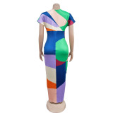 Fashion V Neck Print Split Pleated Maxi Dress BY-6660