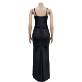 Solid Color Mesh Patchwork Sling Split Maxi Dress BY-6710
