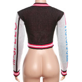Contrast Color Print Zipper Tops And Skirts Sport Two Piece Set XEF-36911