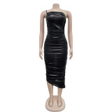 Sexy Slash Shoulder Sling Pleated Midi Dress BY-6738