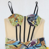 Sexy Sling Velour Patchwork Sequin Split Feather Evening Dress CYA-900826