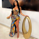 Sexy Sling Velour Patchwork Sequin Split Feather Evening Dress CYA-900826