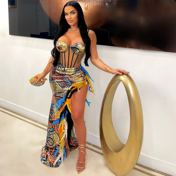 Sexy Sling Velour Patchwork Sequin Split Feather Evening Dress CYA-900826