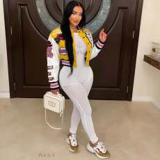 Plus Size Color Block Print Patchwork Baseball Jacket JRF-3749
