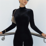 Long Sleeve Velour High Collar Tight Jumpsuit XEF-35900