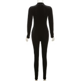 Long Sleeve Velour High Collar Tight Jumpsuit XEF-35900