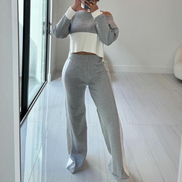 Contrast Color Patchwork Long Sleeve 2 Piece Pants Set BN-9438