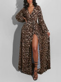 Leopard Print Split V Neck Maxi Dress HNIF-188