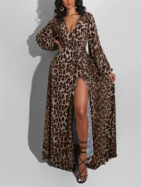 Leopard Print Split V Neck Maxi Dress HNIF-188