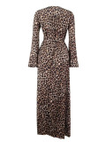 Leopard Print Split V Neck Maxi Dress HNIF-188