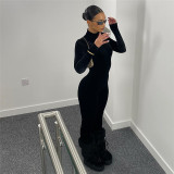 Long Sleeve Velour High Collar Tight Jumpsuit XEF-35900