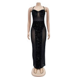 Sexy Sequin Patchwork See Through Sling Maxi Dress BY-6747
