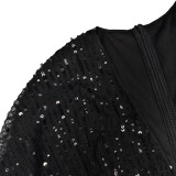 Sequin V Neck Long Sleeve Maxi Dress MUE-7995