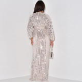 Sequin V Neck Long Sleeve Maxi Dress MUE-7995