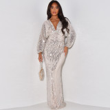 Sequin V Neck Long Sleeve Maxi Dress MUE-7995