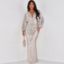 Sequin V Neck Long Sleeve Maxi Dress MUE-7995