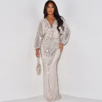 Sequin V Neck Long Sleeve Maxi Dress MUE-7995