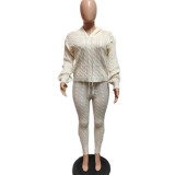 Solid Color Off Shoulder Hooded Sweater Two Piece Pants Set QXTF-8217