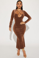 Fashion Halter Long Sleeve Fishtail Dress BLX-63010