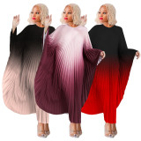 Batwing Sleeve Gradient Color Pleated Maxi Dress YF-7933