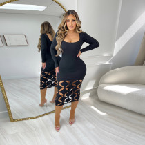 Plus Size Hollow Out Long Sleeve Bodysuit Dress NY-10639