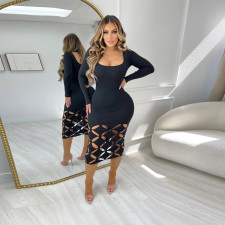 Plus Size Hollow Out Long Sleeve Bodysuit Dress NY-10639