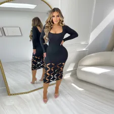 Plus Size Hollow Out Long Sleeve Bodysuit Dress NY-10639