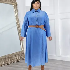 Fashion Denim Lapel Long Sleeve Long Dress(With Waist Belt) GDAM-218321