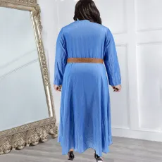 Fashion Denim Lapel Long Sleeve Long Dress(With Waist Belt) GDAM-218321