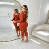 Plus Size Hollow Out Long Sleeve Bodysuit Dress NY-10639