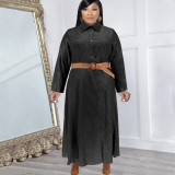 Fashion Denim Lapel Long Sleeve Long Dress(With Waist Belt) GDAM-218321
