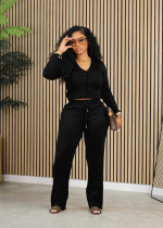 Casual V Neck Solid Long Sleeve Pants Two Piece Set YH-5323