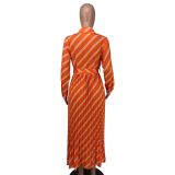 V Neck Stripe Print Pleated Maxi Dress NK-8632