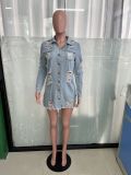 Fringed Single-breasted Hole Long Denim Jacket LX-3562