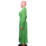 V Neck Stripe Print Pleated Maxi Dress NK-8632