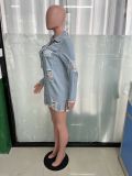 Fringed Single-breasted Hole Long Denim Jacket LX-3562