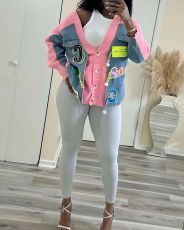 Denim Patchwork Cardigan Knit Sweater Coat GYSF-0041