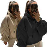 Plus Size Padded Thicker Long Sleeve Solid Color Hooded Sweatshirt YIM-022