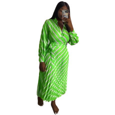 V Neck Stripe Print Pleated Maxi Dress NK-8632