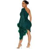 Slant Shoulder Irregular Sequin Midi Dress CYA-900846