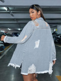 Fringed Single-breasted Hole Long Denim Jacket LX-3562