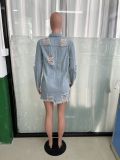 Fringed Single-breasted Hole Long Denim Jacket LX-3562