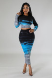 Fashion Print Long Sleeve Tops And Long Skirt 2 Piece Set FENF-289