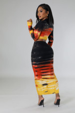 Fashion Print Long Sleeve Tops And Long Skirt 2 Piece Set FENF-289