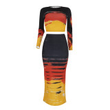 Fashion Print Long Sleeve Tops And Long Skirt 2 Piece Set FENF-289