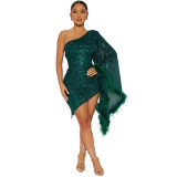 Slant Shoulder Irregular Sequin Midi Dress CYA-900846