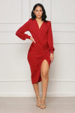 Solid V Neck Irregular Midi Dress GYLY-10307