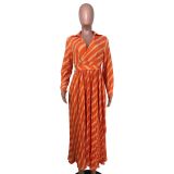 V Neck Stripe Print Pleated Maxi Dress NK-8632